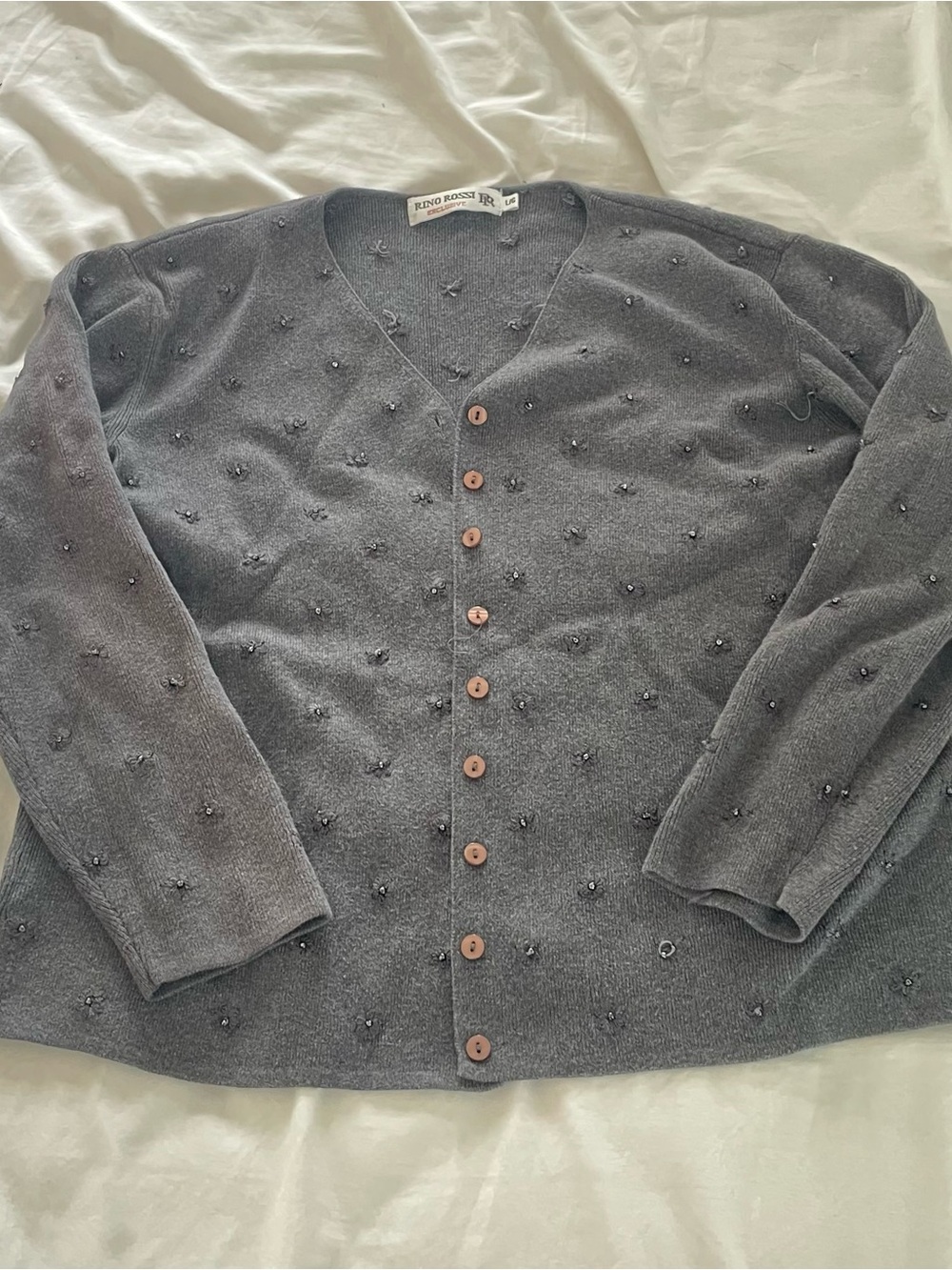 Charcoal Gray Beaded V-Neck Cardigan